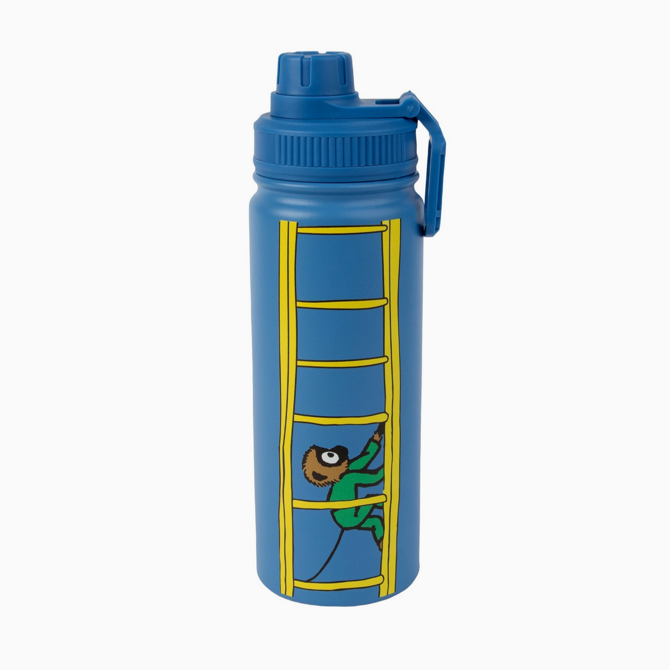 Blue water bottle with a character climbing a ladder design on a white background