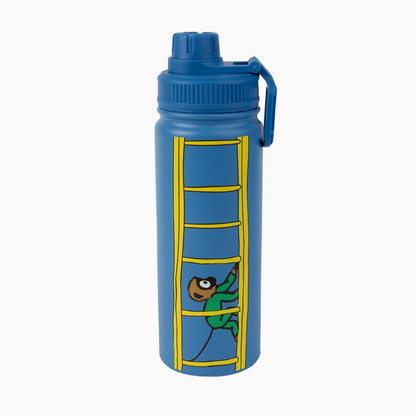 Blue water bottle with a character climbing a ladder design on a white background