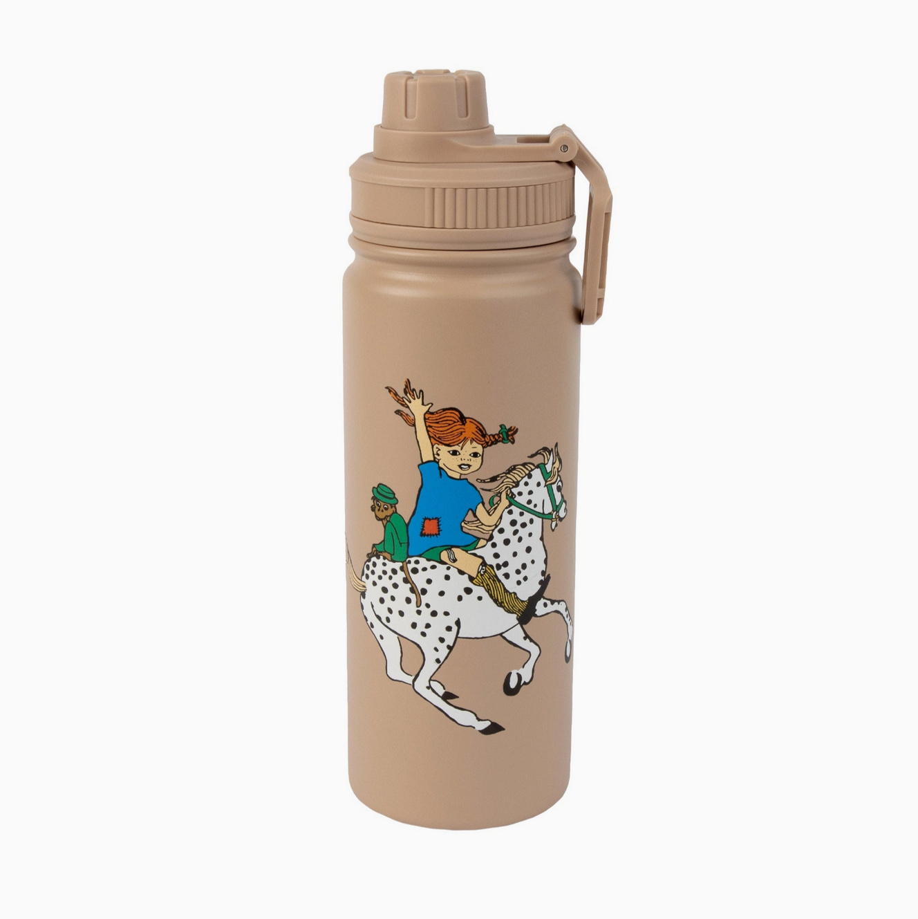 Beige water bottle with a graphic of a boy riding a horse on a white background