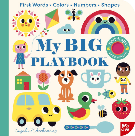 With bright, stylish artwork from bestselling children’s book illustrator Ingela P. Arrhenius, this BIG playbook is perfect for sharing with older babies and toddlers. How many ladybugs can you count? What color are the strawberries? Where is the cat hiding? And finally, where are you? A vibrant large-format board book introducing early-learning concepts and encouraging interactive play, with 10 soft felt flaps, die-cuts to feel on every page, and a surprise mirror ending.