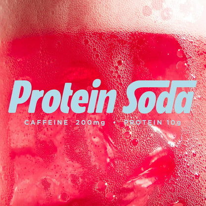 Text that reads "Protein Soda" on a pink soda background with bubbles