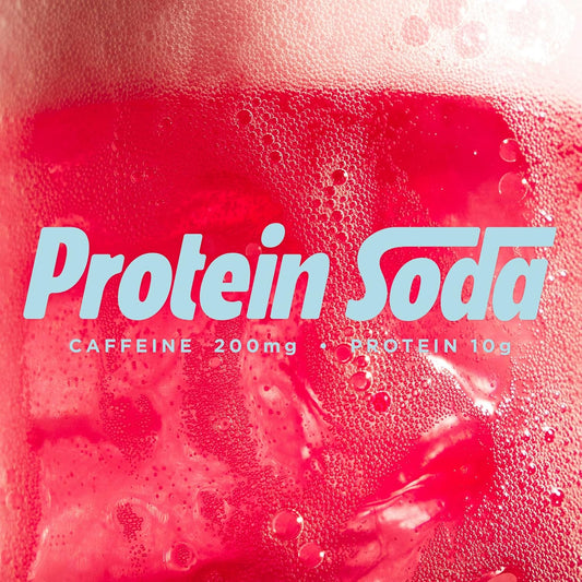 Text that reads "Protein Soda" on a pink soda background with bubbles