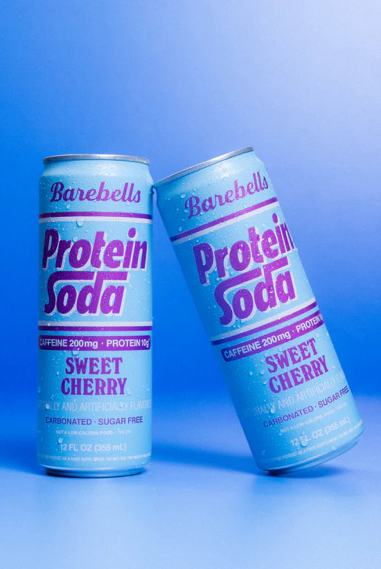 Two Cans that say "Protein Soda Sweet Cherry Flavor" on blue background. Barebells