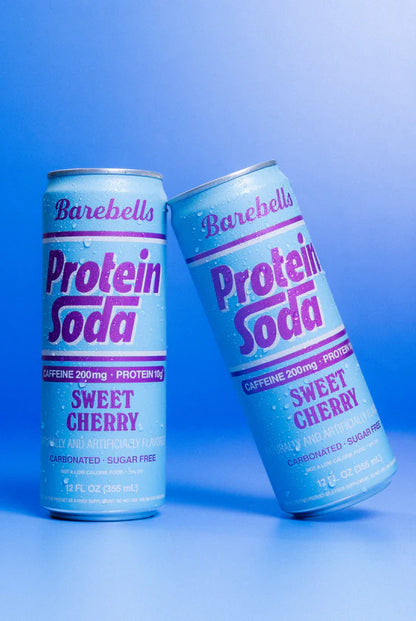 Two Cans that say "Protein Soda Sweet Cherry Flavor" on blue background. Barebells