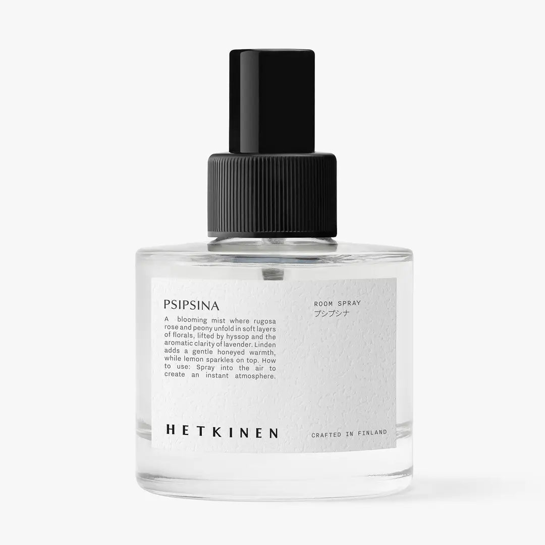 Glass Room Spray bottle with text. Hetikinen finnish finland perfume