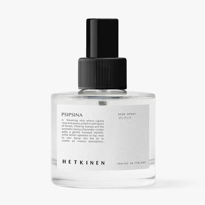 Glass Room Spray bottle with text. Hetikinen finnish finland perfume