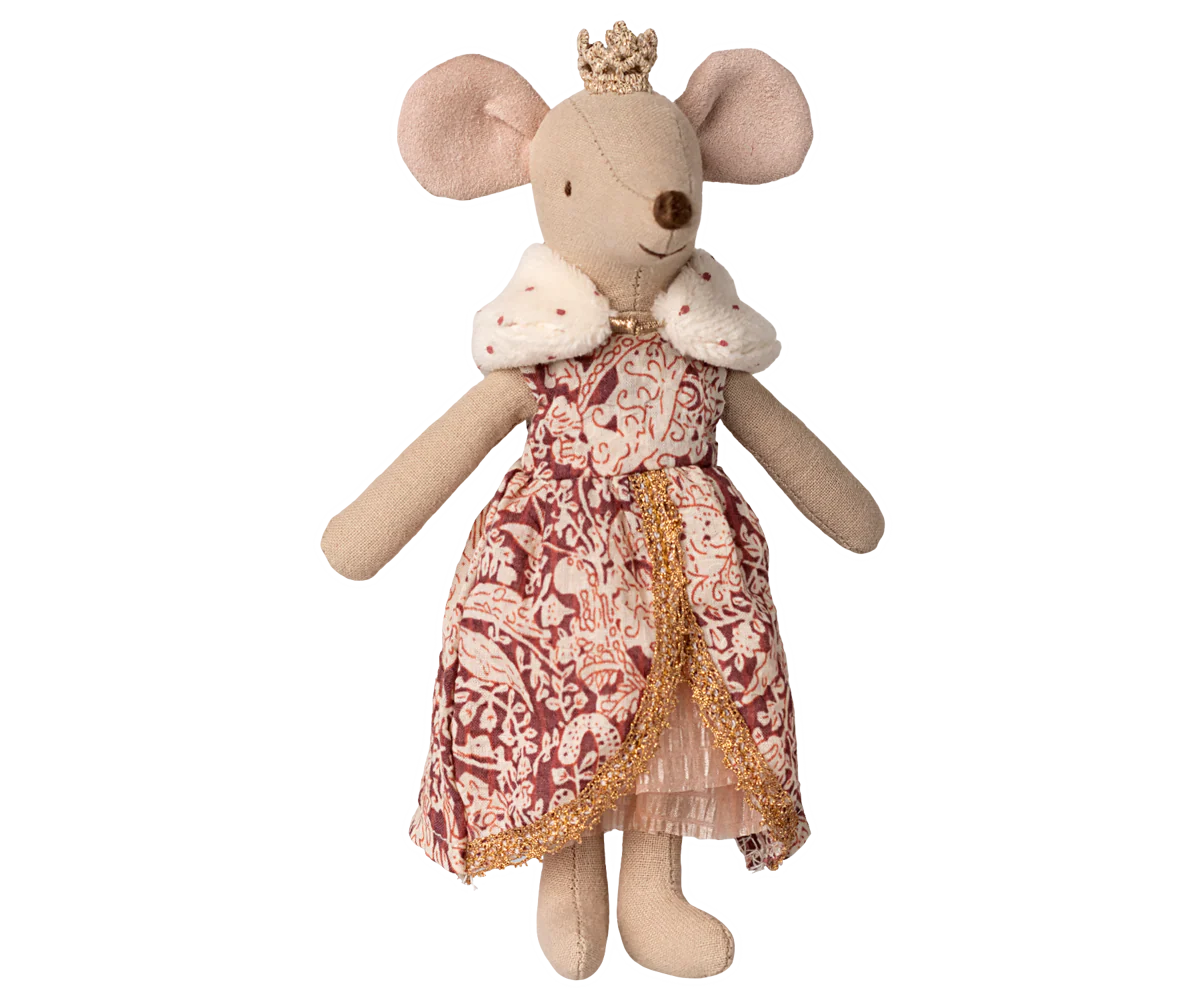 Stuffed mouse toy with a patterned dress and crown on a white background. The new Maileg Queen mouse is regal. In a beautiful royal dress and crown she fits perfectly into the Castle Hall. We can order this item for you and ship it to your door.