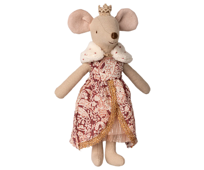 Stuffed mouse toy with a patterned dress and crown on a white background. The new Maileg Queen mouse is regal. In a beautiful royal dress and crown she fits perfectly into the Castle Hall. We can order this item for you and ship it to your door.