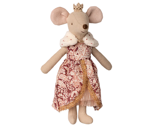 Stuffed mouse toy with a patterned dress and crown on a white background. The new Maileg Queen mouse is regal. In a beautiful royal dress and crown she fits perfectly into the Castle Hall. We can order this item for you and ship it to your door.