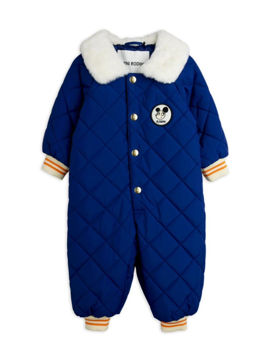 A baby quilted snowsuit in royal blue with a white faux-fur collar, gold snap buttons, striped cuffs and hem, and a skull patch on the chest.