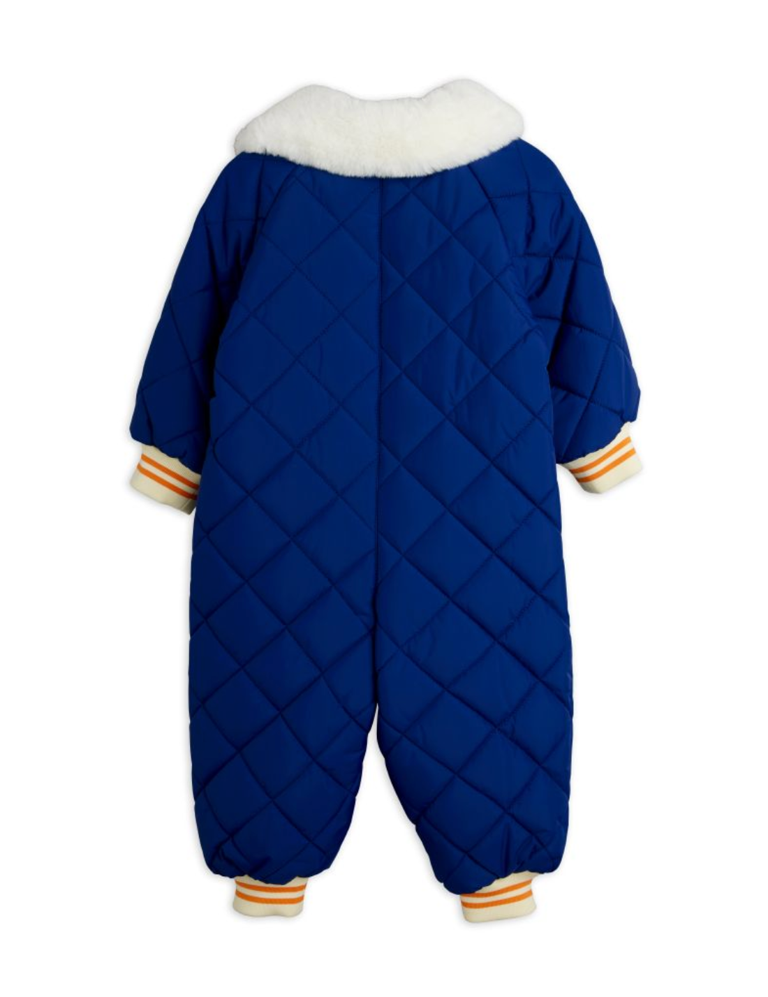 A royal blue quilted baby snowsuit shown from the back, featuring a white faux-fur collar and striped cuffs and hem.