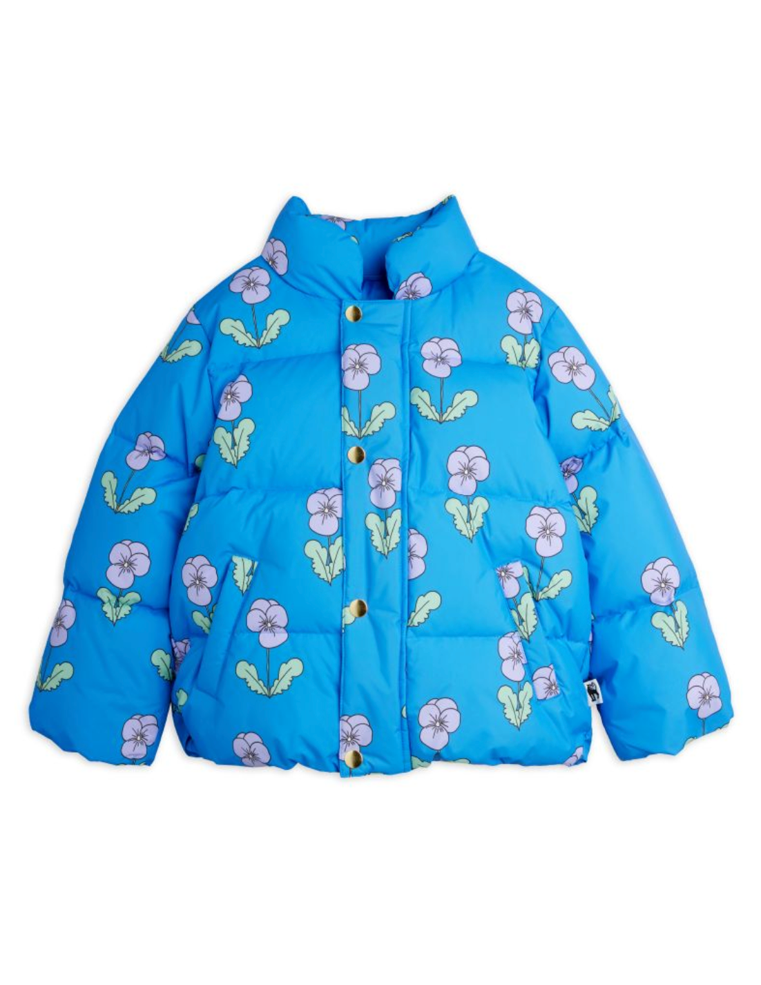 A blue puffer jacket with an all-over floral print of light purple flowers and green leaves, featuring a stand-up collar and front snap buttons, shown against a plain white background.