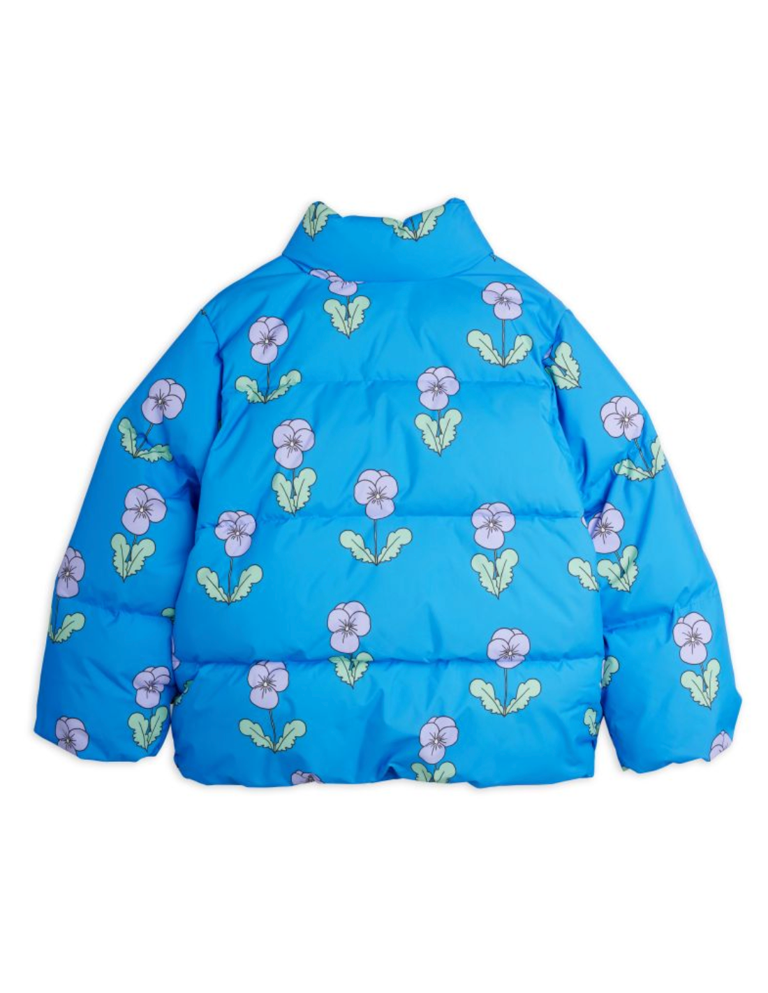 A blue puffer jacket with an all-over floral print of light purple flowers and green leaves, shown against a plain white background.