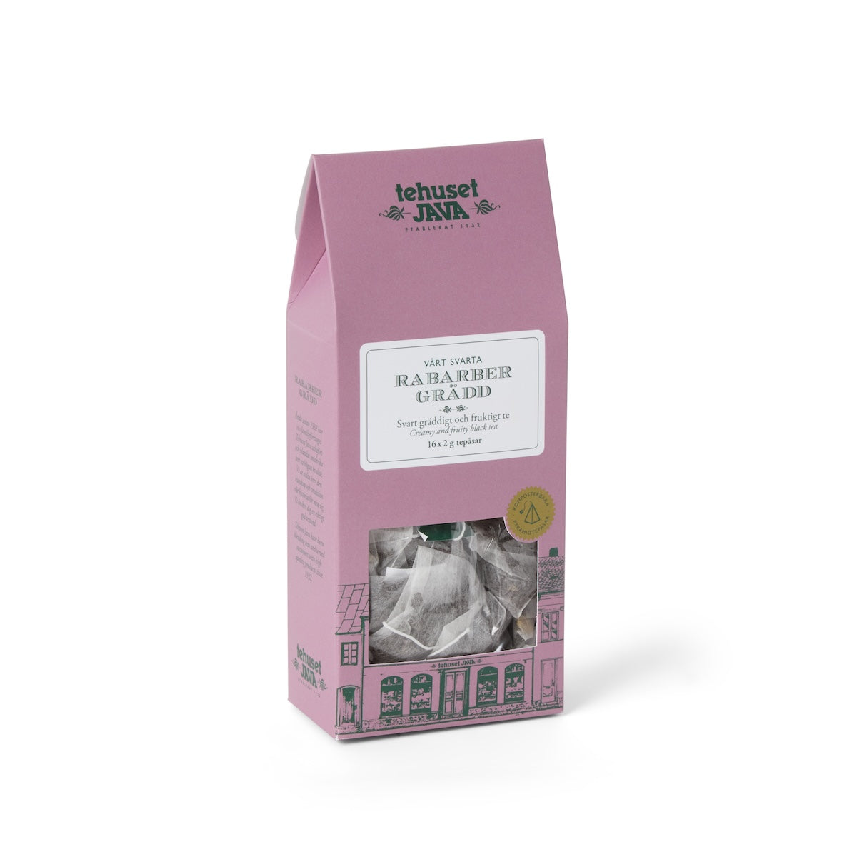 Pink packaging of Tehuset Java tea bags on a white background