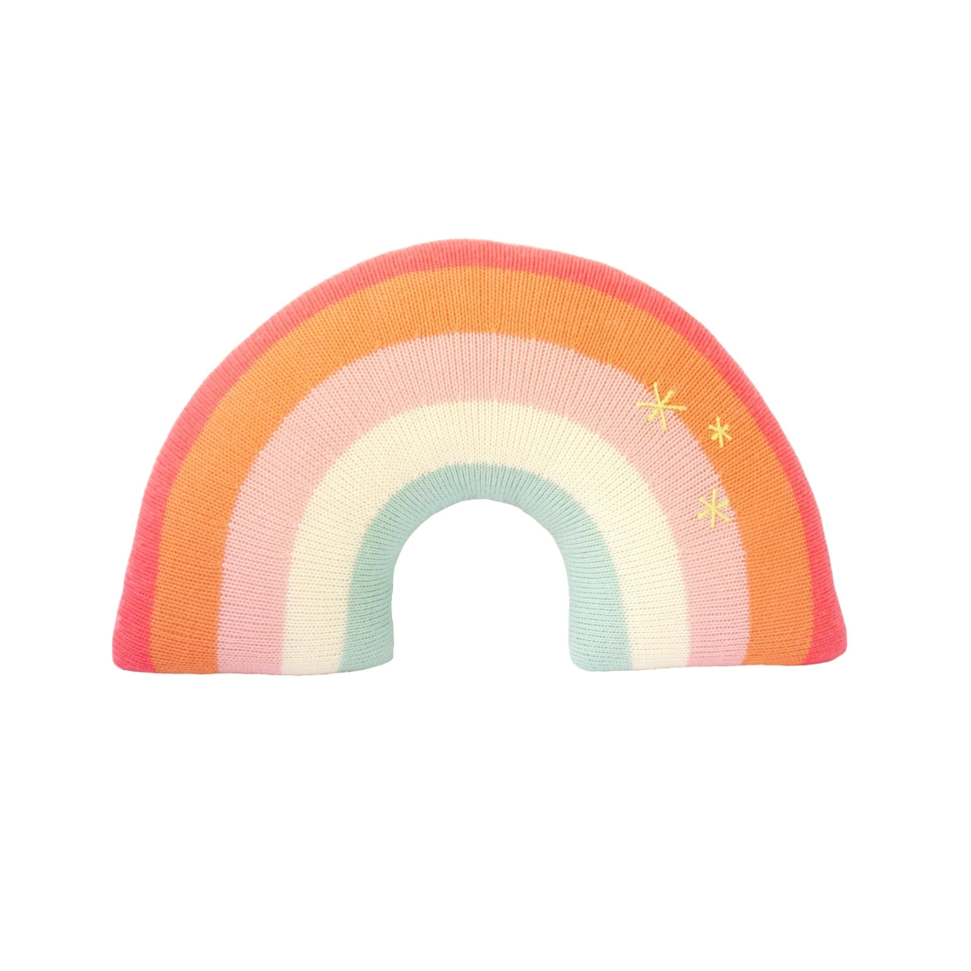 Comfy, colorful, stylish and made of sustainable cotton knit, so it is good for throwing around some color and happiness. One of Blabla's best-sellers! Bright pinks and oranges, inviting textures, a stylish addition to any kid's room. Who wouldn't want to hug a rainbow! Good luck guaranteed!&nbsp;