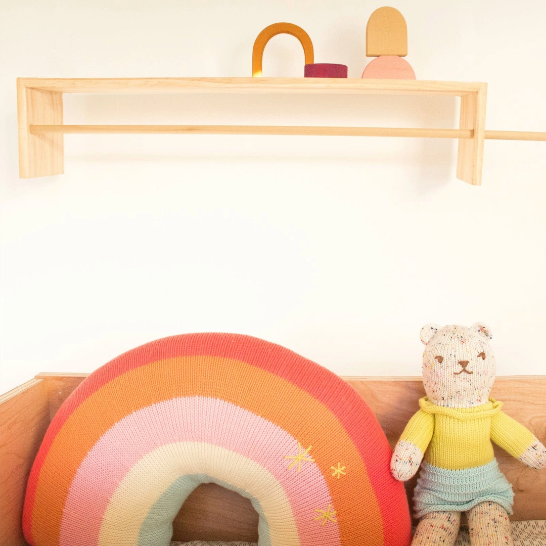 Comfy, colorful, stylish and made of sustainable cotton knit, so it is good for throwing around some color and happiness. One of Blabla's best-sellers! Bright pinks and oranges, inviting textures, a stylish addition to any kid's room. Who wouldn't want to hug a rainbow! Good luck guaranteed!&nbsp;