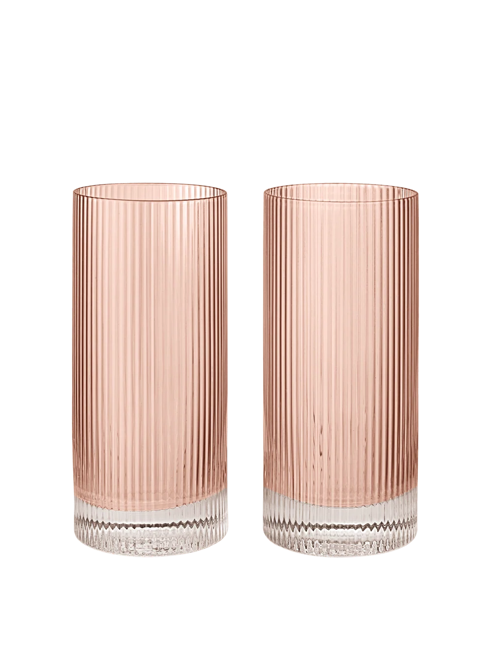 Two tall, cylindrical fluted glass tumblers with a rose glass finish and a clear ribbed glass base, shown side-by-side on a plain white background.