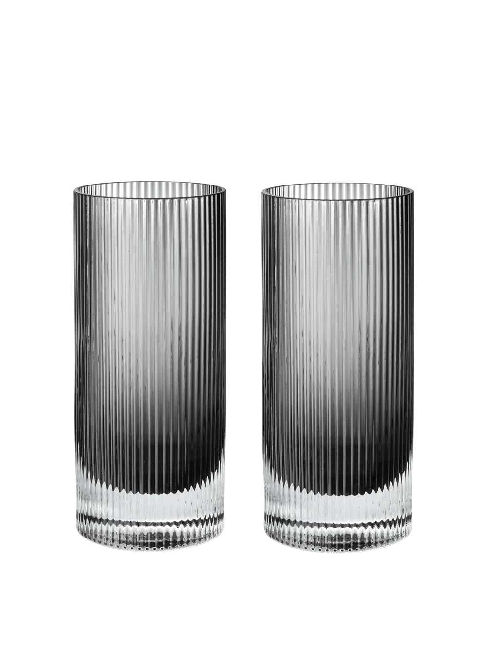 Two tall, clear ribbed glass tumblers with a dark gradient at the bottom, shown side by side on a plain white background.