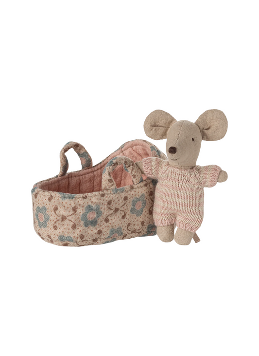 Stuffed mouse toy with floral crib on a white background, Scandinavian Gifts in Venice Beach of Los Angeles