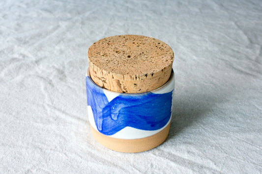 Royal Splash Jar with Bright royal blue splash of glaze with cork lid