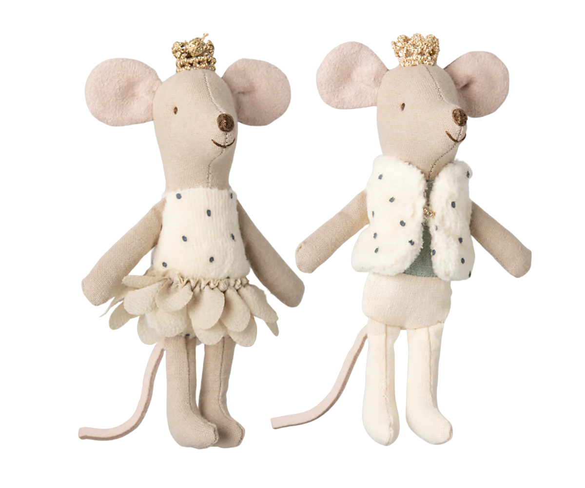 Two plush mouse toys, one in a dress and the other in a coat with a vest, on a white background.