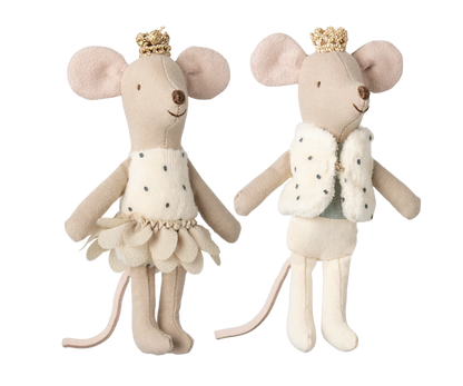 Two plush mouse toys, one in a dress and the other in a coat with a vest, on a white background.