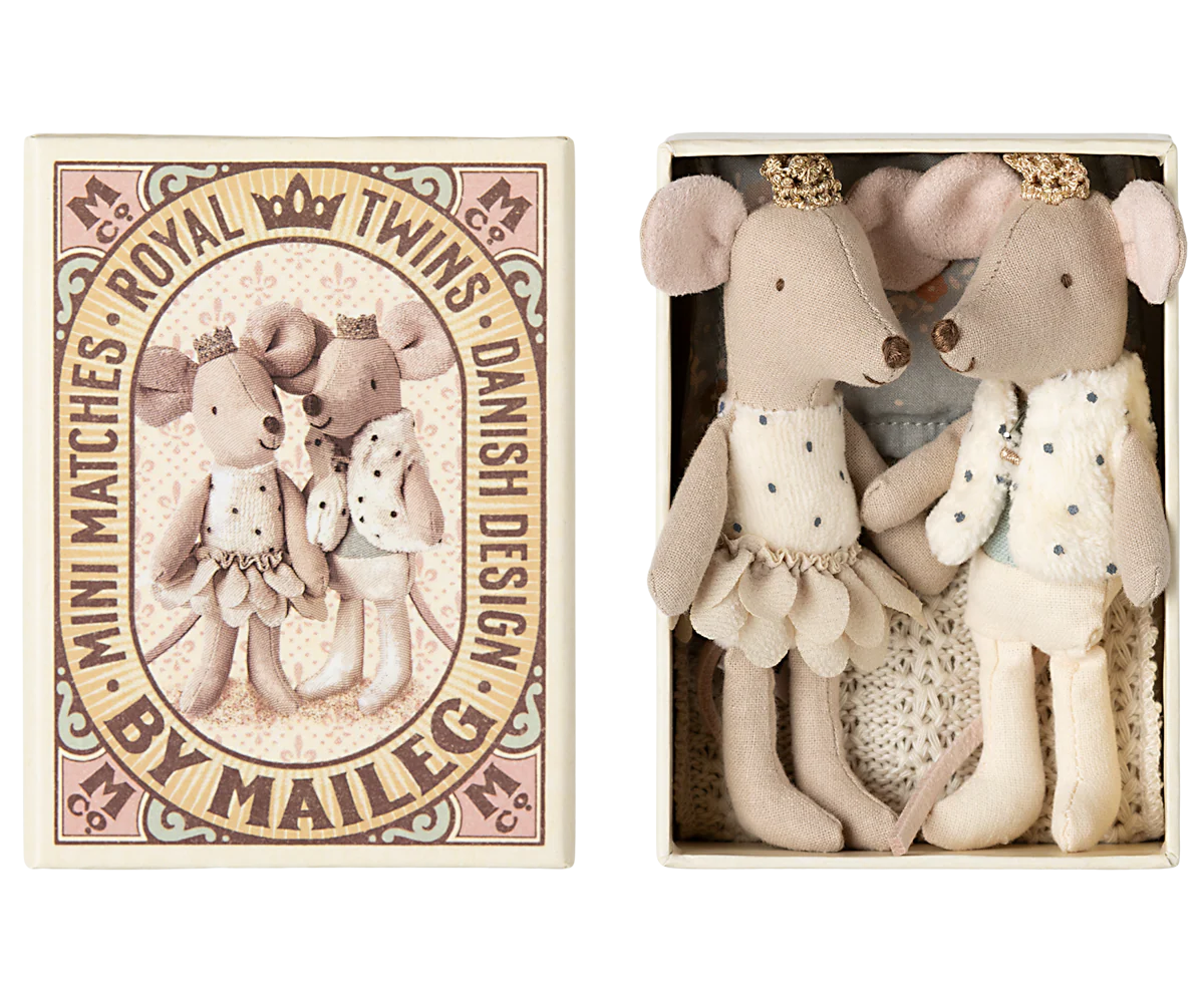 The royal twin mice is a set of a small princess and prince. They wear golden crowns and beautiful clothes. They sleep in a lovely decorated matchbox with a picture of themselves on the front. Inside the box you find the softest beddings.