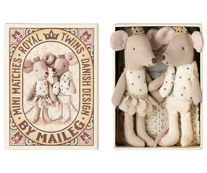 The royal twin mice is a set of a small princess and prince. They wear golden crowns and beautiful clothes. They sleep in a lovely decorated matchbox with a picture of themselves on the front. Inside the box you find the softest beddings.