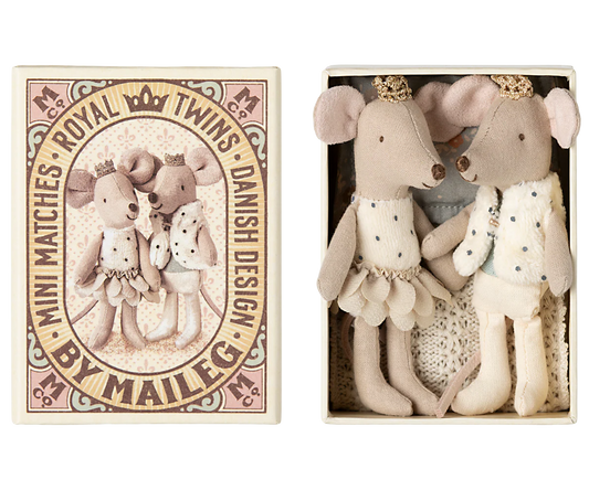 The royal twin mice is a set of a small princess and prince. They wear golden crowns and beautiful clothes. They sleep in a lovely decorated matchbox with a picture of themselves on the front. Inside the box you find the softest beddings.