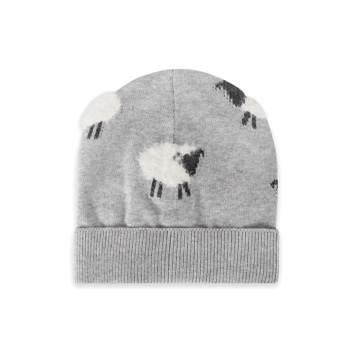 A light gray knit beanie hat featuring a pattern of white sheep with black faces and legs, finished with a ribbed cuff, shown against a plain white background.