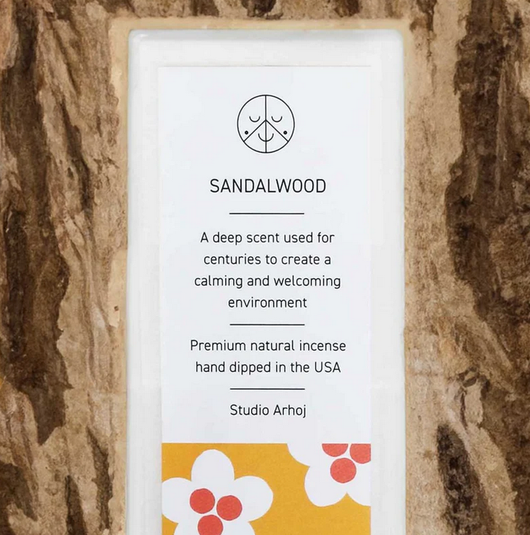 Sandalwood Incense Packaging on wood background Studio Arhoj