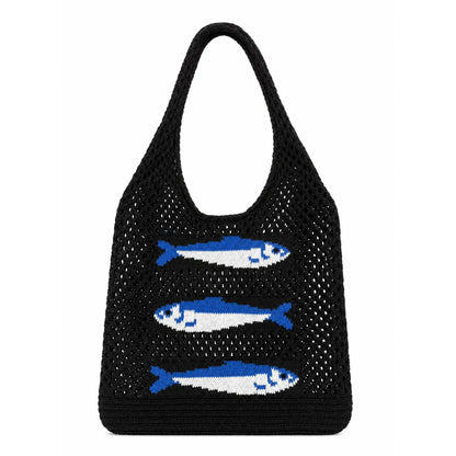 A black crochet mesh tote bag featuring three knitted blue and white fish designs on the front, set against a plain white background.