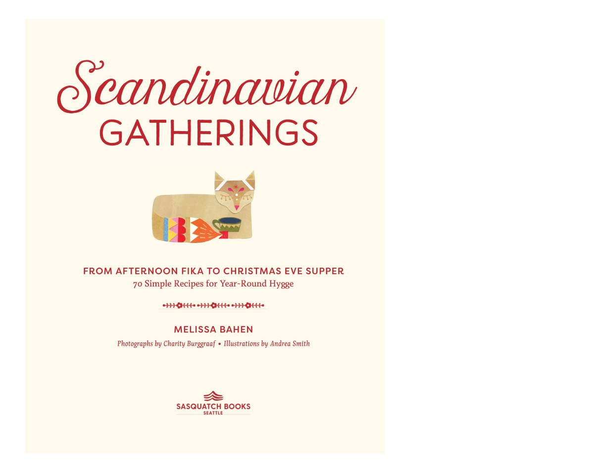 Book cover for 'Scandinavian Gatherings' by Melissa Bahen, published by Sanduchat Books, featuring a cream background with red text and a small illustration of a fox.