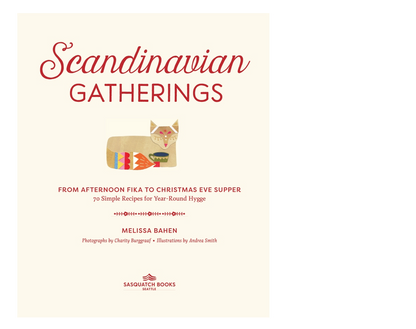 Book cover for 'Scandinavian Gatherings' by Melissa Bahen, published by Sanduchat Books, featuring a cream background with red text and a small illustration of a fox.