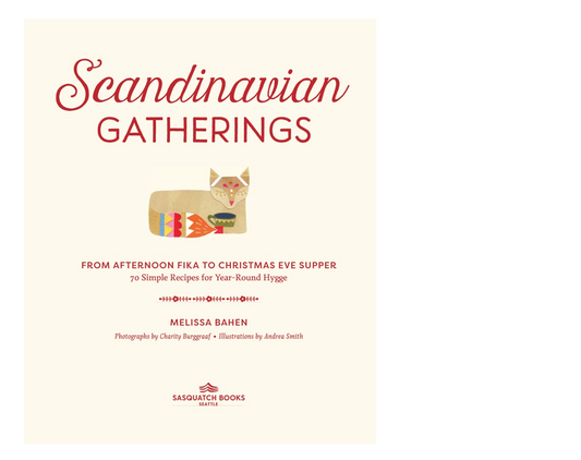 Book cover for 'Scandinavian Gatherings' by Melissa Bahen, published by Sanduchat Books, featuring a cream background with red text and a small illustration of a fox.