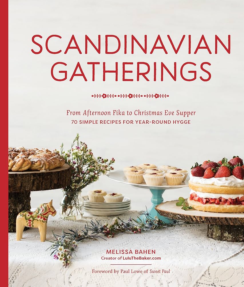 Book cover of 'Scandinavian Gatherings' with a festive table setting and desserts.