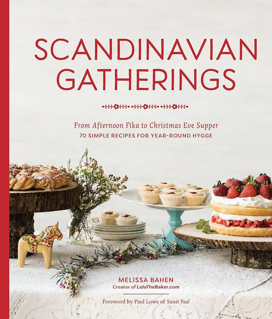 Book cover of 'Scandinavian Gatherings' with a festive table setting and desserts.