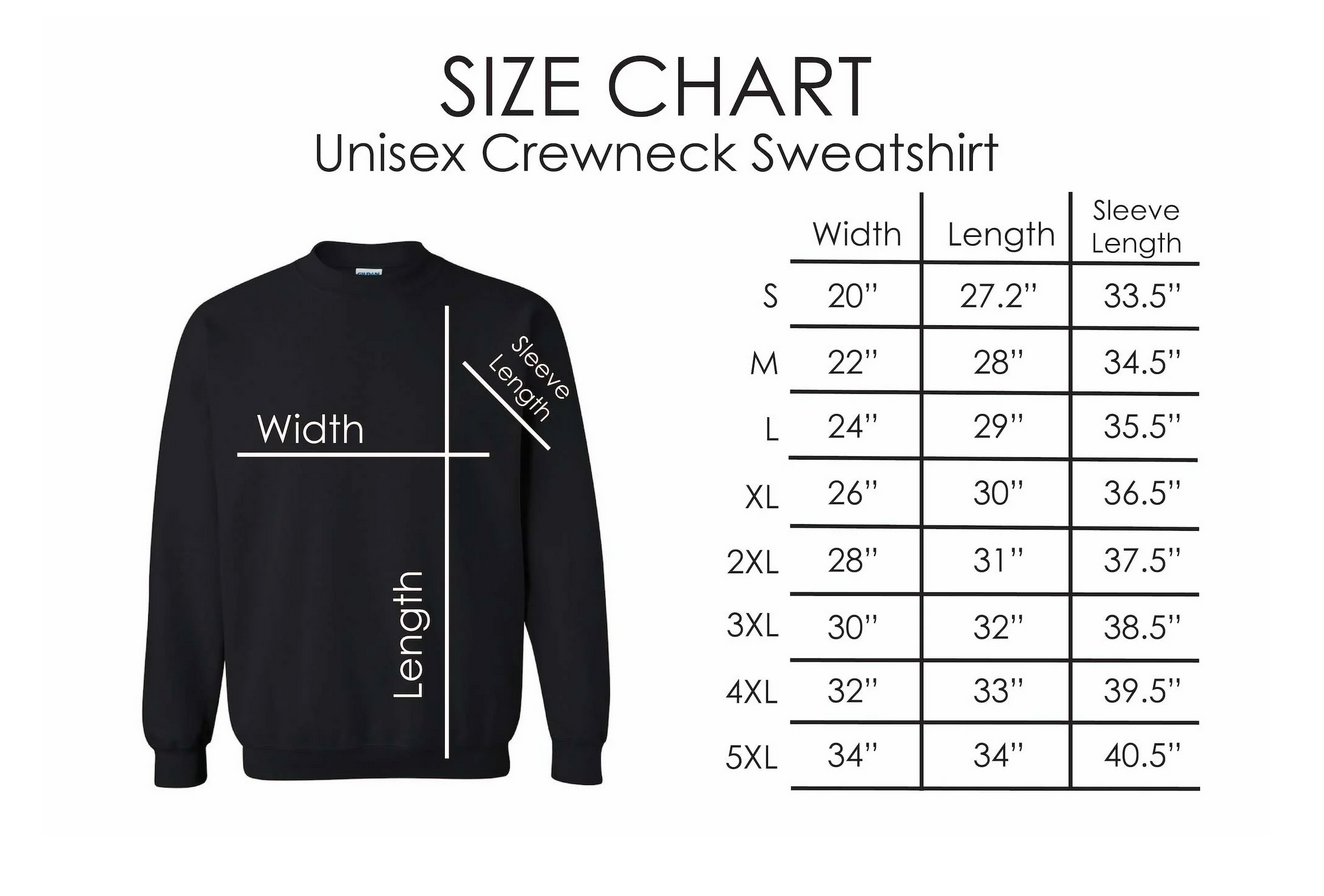 A size chart for a unisex crewneck sweatshirt showing a black sweatshirt with white measurement lines labeled width and sleeve length, next to a size table listing S through 5XL measurements.