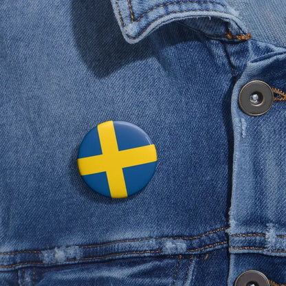 Scandinavian Flag Pin Sweden buttoned on a blue jean jacket.
