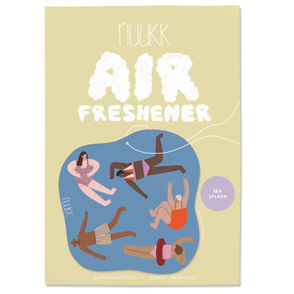 A rectangular perfume card or packaging insert for Nulkk Air Freshener, featuring a pale yellow background with large white cloud-like lettering and an illustrated blue pool scene with people floating on rafts. The text 'Sea Splash' appears on a lavender circle.