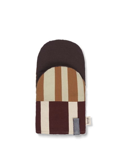 Mitt with brown, beige, and white pattern on a white background