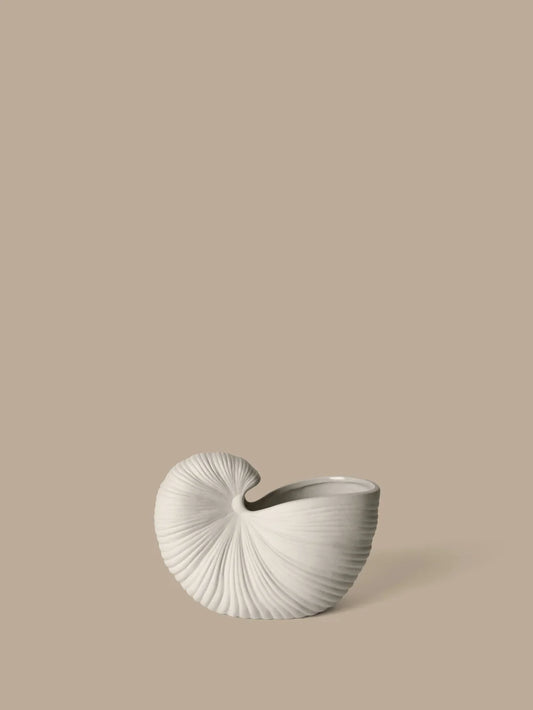 A sculptural, shell-shaped ceramic planter in a textured off-white glaze, set against a solid warm beige background.