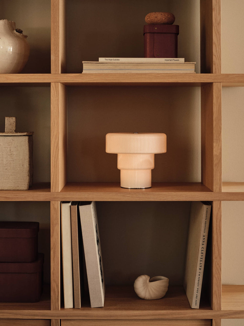 Wooden Bookshelf with warm lighting with books, a tiered lamp, and shell vase