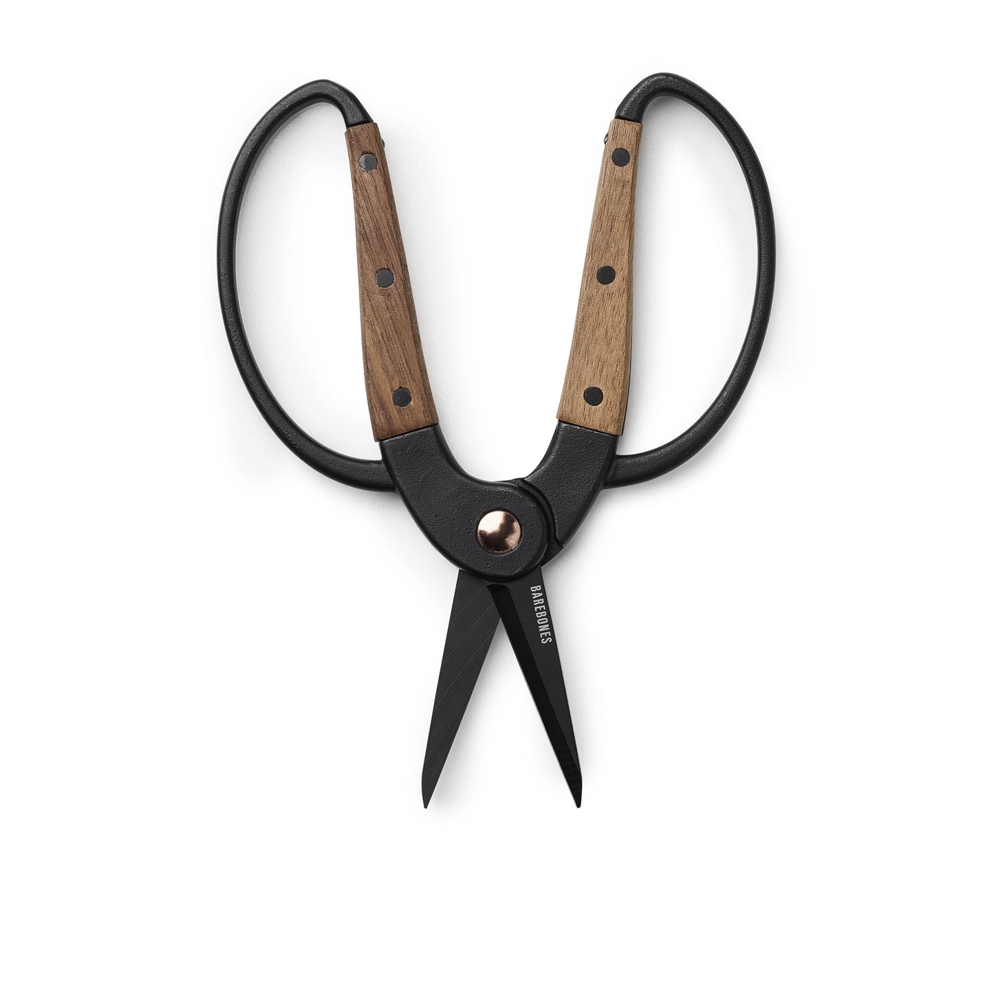 Black-handled scissors with wooden handles on a white background