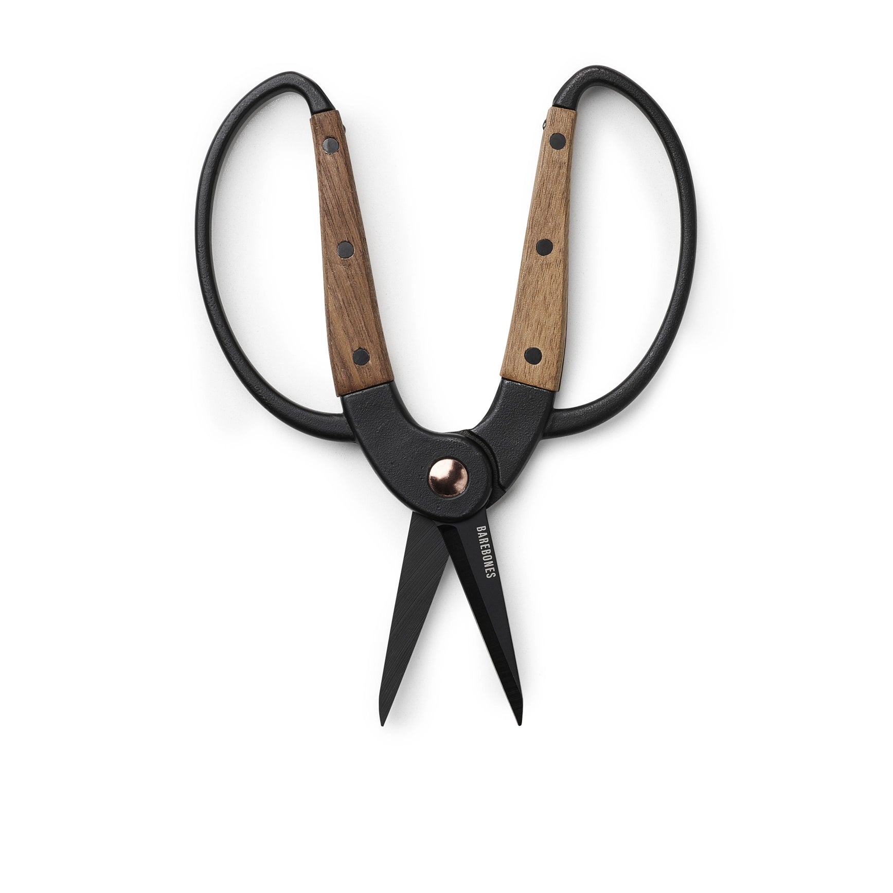 Black-handled scissors with wooden handles on a white background