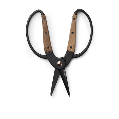 Black-handled scissors with wooden handles on a white background
