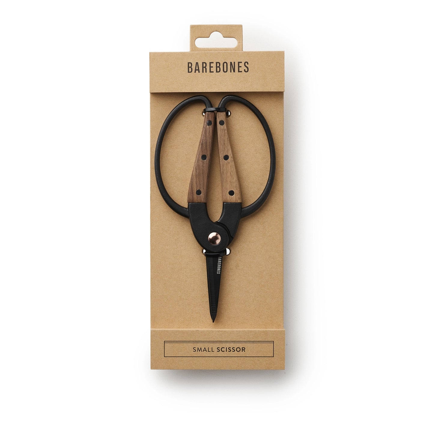 Small scissors with wooden handles in a Barebones packaging on a white background