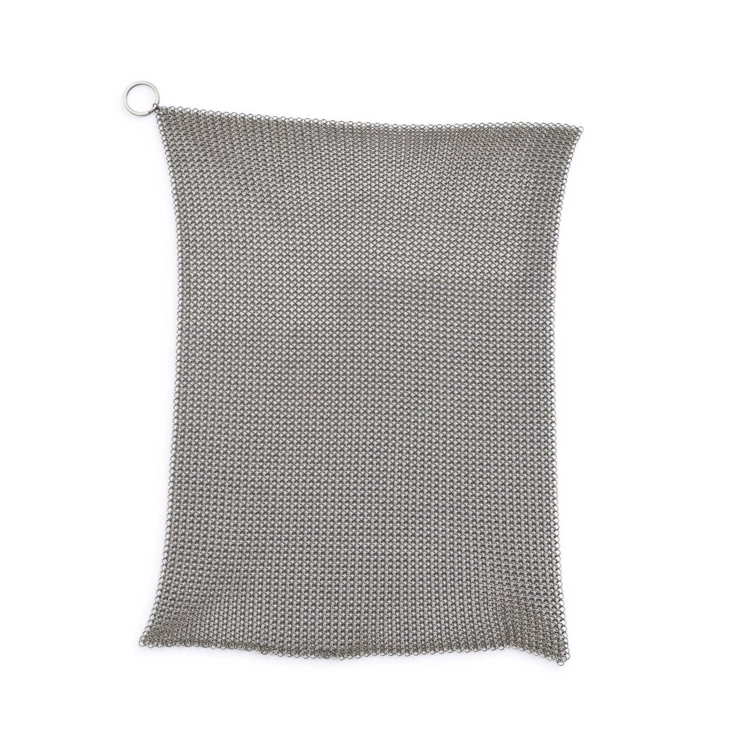 Metal chainmail scrubber on a white background