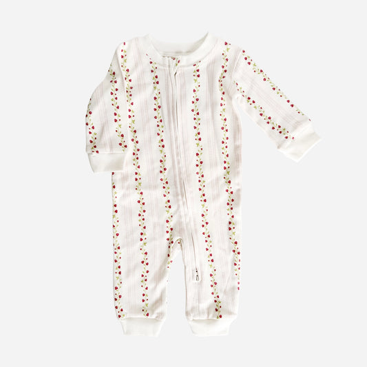 Get little ones cozy in the Layette long sleeve zipper romper, available in four sizes. Featuring a Strawberry pattern with pink scalloped stripes.