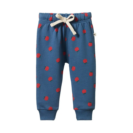 Blue children's jogger pants with an all-over red ladybug print, featuring an elastic waistband with a cream-colored drawstring and ribbed ankle cuffs.